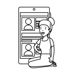 young woman in lotus position with smartphone