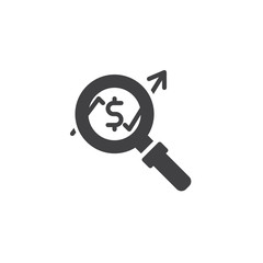 Magnifying glass with rising money chart vector icon. filled flat sign for mobile concept and web design. Dollar increase revenue glyph icon. Business analysis symbol, logo illustration. Pixel perfect