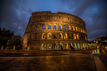 Rome, Italy - November, 2018: The Colosseum, the world famous landmark in Rome. Night view.
