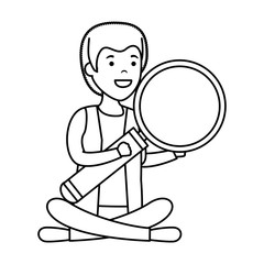 young man in lotus position with magnifying glass