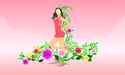 Obraz na płótnie Canvas 8 march woman day. lady stand acting like star pose around with flowers. vector illustration eps10