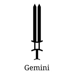 Gemini Sword Icon. Silhouette of Zodiacal Weapon. One of 12 Zodiac Weapons. Vector Astrological, Horoscope Sign. Zodiac Symbol. Vector illustration isolated on white background.