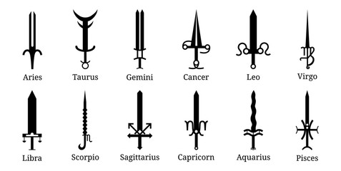 Set of 12 Zodiac Swords Icon. Zodiacal Weapon Collection: Aries, Taurus, Gemini, Cancer, Leo, Virgo, Libra, Scorpio, Sagittarius, Capricorn, Aquarius, Pisces. Vector illustration for Your Design.
