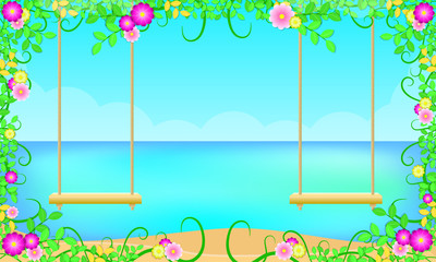 Naklejka premium summer season beach around with leaf flowers beautiful blue sky sea holiday. two swing for relationship lover. vector illustration eps10