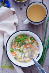 Russian cold soup okroshka with meat and vegetables