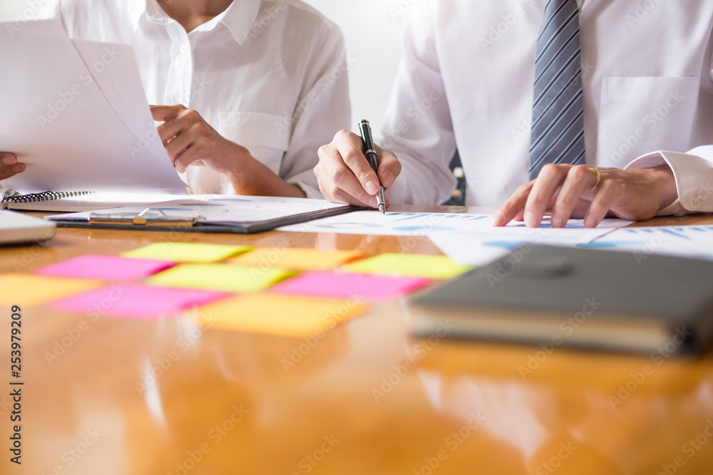 Poster business team data analyzing income charts document during discussion explain strategy meeting. on s