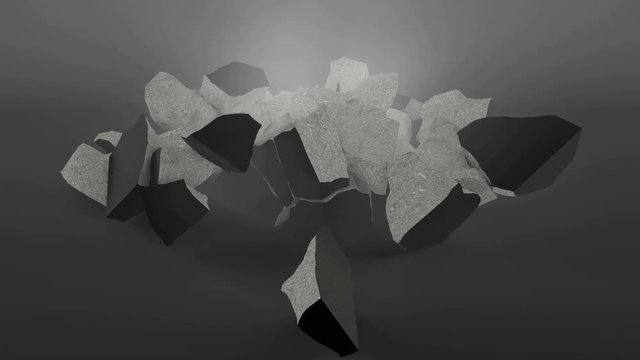 3D animation disintegrating shining cube of the stone block.