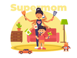 Obraz na płótnie Canvas A colourful illustration of a supermom who has superpowers