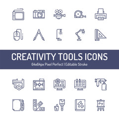 Icon Set of Creativity Tools with Outline Style Vector. Editable Stroke 64x64 Pixel Perfect. Contains such Icons as Graphic Tablet, compass, 3d Printer, and more.