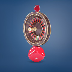 3d rendering of a large casino roulette balancing on a large red dice and holding a casino chip on the top.