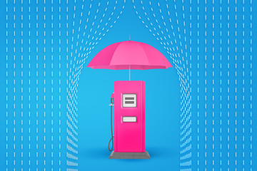 3d rendering of pink umbrella on top of pink petrol pump with drawn rain lines on blue background