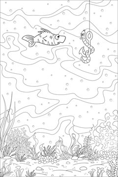 Coloring book underwater landscape with fish and worm. Hand draw vector illustration with separate layers.