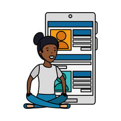 young black woman in lotus position with smartphone
