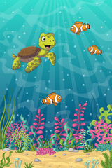 Cartoon turtle and clown fish, unterwater landscape with separate layers.