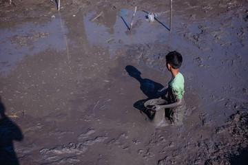 Kid enjoying catch the fish inside the mud during the harverst season of paddy in Malaysia