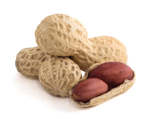 Dried peanuts on the white background.