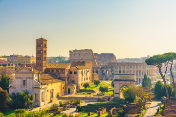Fototapeta premium Rzym, Włochy panoramę miasta z zabytkami Koloseum i Forum Romanum widok z Palatynu