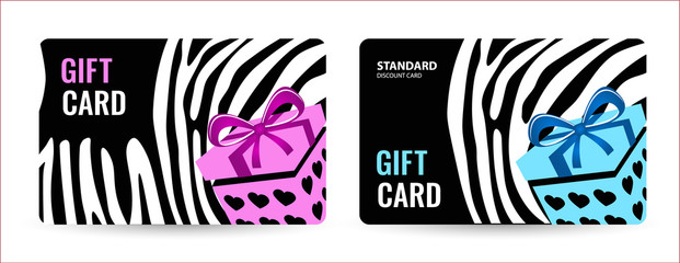 Bright card with black and white stripes and pink box. Creative Gift card. Universal dark flyer template for advertising your business. Vector Illustration.