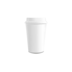 White paper or plastic coffee cup with lid mockup in realistic vector illustration.