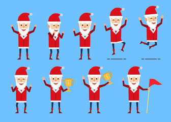 Set of Santa Claus characters showing different success poses. Funny Santa celebrating, jumping, holding golden cup and showing other actions. Flat style vector illustration