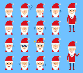 Set of Santa Claus emoticons showing different facial expressions. Happy, sad, angry, dazed, in love, tired, sleepy and other emotions. Flat design vector illustration