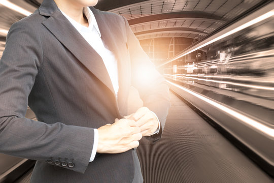 Double exposure of business woman at airport background.