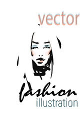 Hand-drawn portrait of young beautiful woman. Fashion illustration, vector