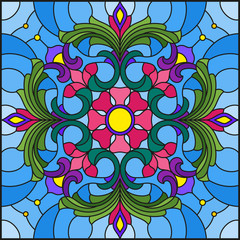 Stained glass illustration with abstract floral ornaments, flowers, leaves and curls on blue background, square illustration