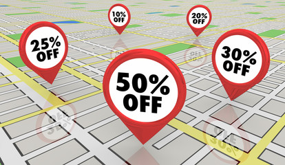 50 Percent Off Sale Discount Map Pins 3d Illustration
