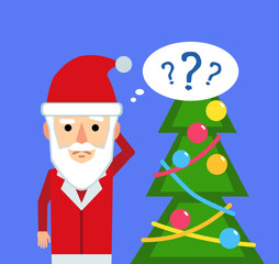 Confused Santa Claus making decision emoticon. Flat style vector illustration