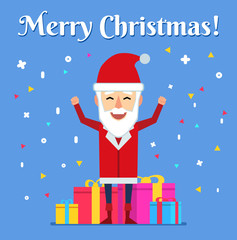 Colorful Christmas greeting card. Cheerful Santa Claus celebrating. Flat style vector illustration