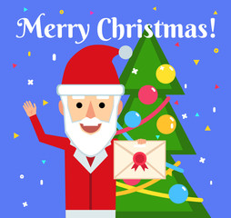 Colorful Christmas greeting card design. Cheerful Santa Claus stands near Christmas tree and holds a letter. Flat style vector illustration