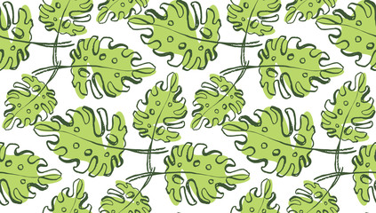 Naklejka na ściany i meble Hand drawn doodle tropical leaf pattern background