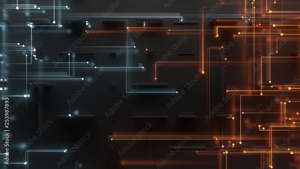Poster 3d render abstract reflective background with particles that goes to center from the opposite side. 