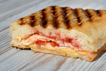 Slice toast with cheese and sausages closeup. Shallow depth of field