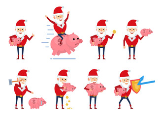 Set of Santa Claus characters posing with piggy bank in different situations. Funny Santa riding giant piggy bank, saving money and showing other actions. Flat style vector illustration