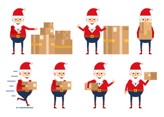 Set of Santa Claus characters posing with parcel in different situations. Funny Santa holding parcel box, running and showing other actions. Flat style vector illustration