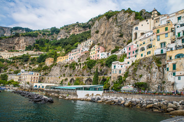Fototapeta na wymiar Amalfi, Italy - August 12, 2015 : View of Amalfi from the coast.