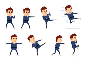 Set of sportsman characters in blue kimono showing diverse actions. Funny martial art expert attacking, kicking, jumping and showing other actions. Simple vector illustration
