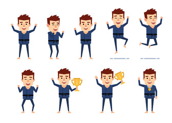 Fototapeta premium Set of sportsman characters in blue kimono showing diverse actions. Funny sportsman celebrating victory, holding cup and showing other actions. Simple vector illustration