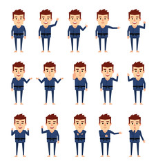 Set of martial art master characters in blue kimono showing various hand gestures. Funny sportsman showing thumb up, victory hand and other gestures. Simple vector illustration