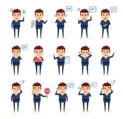 Set of martial art expert characters in blue kimono showing various actions, emotions. Funny sportsman reading book, laughing, talking on phone and showing other actions. Simple vector illustration