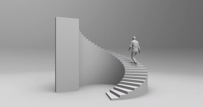 Man Climbs The Stairs On The Road To Success. 3d Animated Person Without Texture