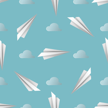 Vector Blue Seamless Background. Pattern of Paper Origami Planes on Sky Blue Background.