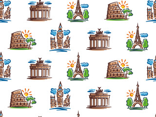 Seamless pattern of European attractions. Vector illustration of European capitals. © dizamax