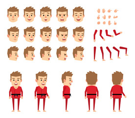 Sportsman in red kimono creation set. Various gestures, emotions, diverse poses, views. Create your own pose, animation. Flat style vector illustration