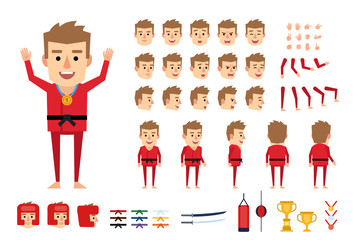 Martial arts, karate master in red kimono creation kit. Create your own pose, action, animation. Various emotions, gestures, design elements. Flat design vector illustration