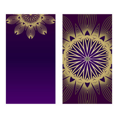 Ethnic Mandala Ornament. Templates With Mandalas. Vector Illustration For Congratulation Or Invitation. The Front And Rear Side. Romantic purple gold color