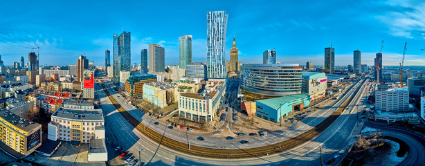 Beautiful panoramic aerial drone view to the center of Warsaw City and "Zlota 44", residential skyscraper designed by American architect Daniel Libeskind