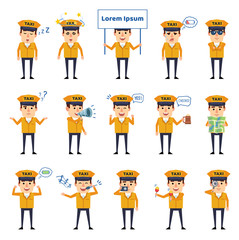 Set of taxi driver characters showing diverse actions, emotions. Funny taxi driver singing, sleeping, dazed, holding map, loudspeaker and showing other actions. Simple vector illustration